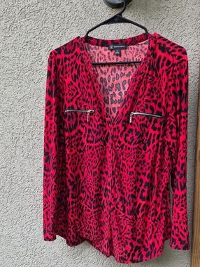 INC International Concepts Red and Black Leopard-Print Zip-Pocket Blouse